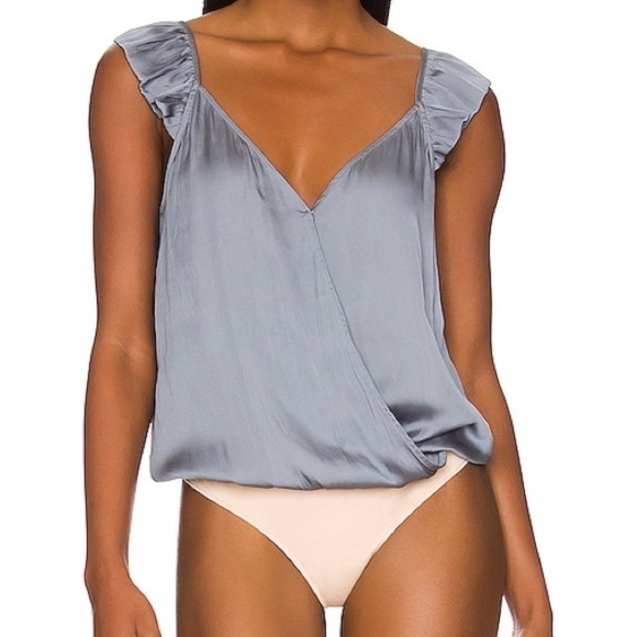 PAIGE Lunah Satin Flutter Strap Bodysuit in Flint Blue - Picture 9 of 16